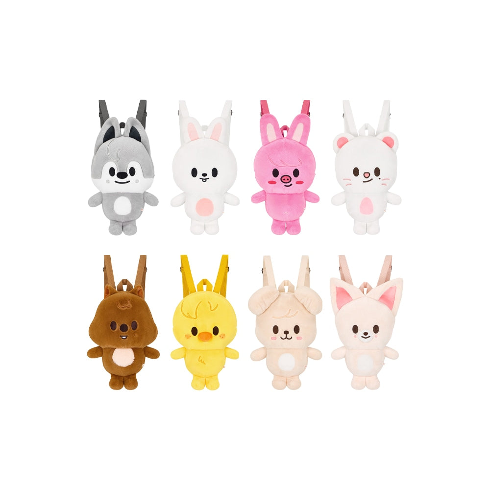 SKZOO plush backpacks in all eight character designs from STAY in Our Little House