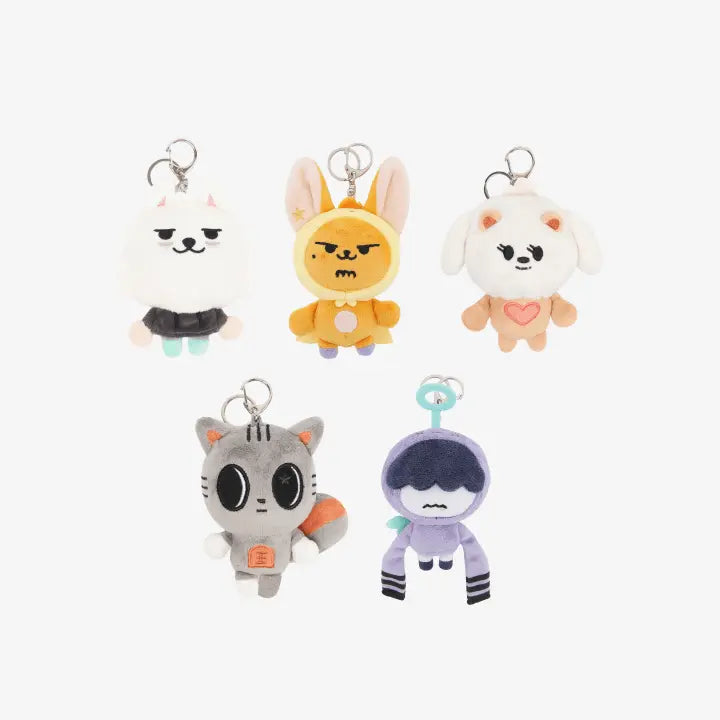 Five TXT PPULBATU plush keyring characters together