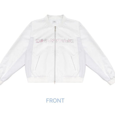 Stray Kids Bomber Jacket front with pink Stray Kids lettering - STAY in Our Little House