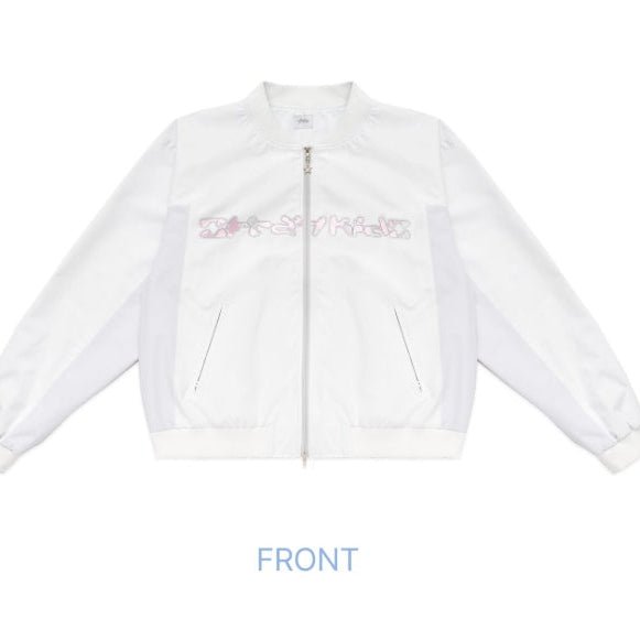 Stray Kids Bomber Jacket front with pink Stray Kids lettering - STAY in Our Little House