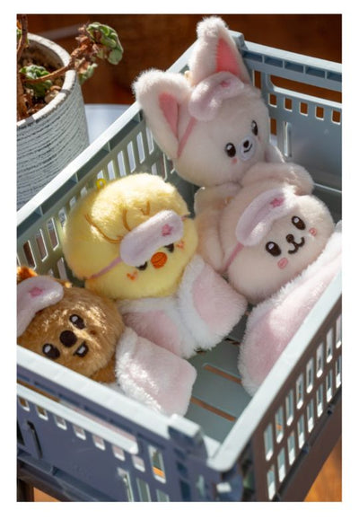 Stray Kids SKZOO 10 cm bathrobe plush characters displayed in a basket - STAY in Our Little House